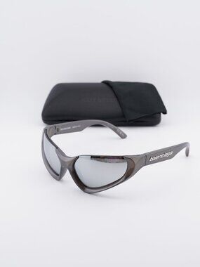 Balenciaga BB0202S 002 Unisex Geometric Sunglasses - Silver / Grey